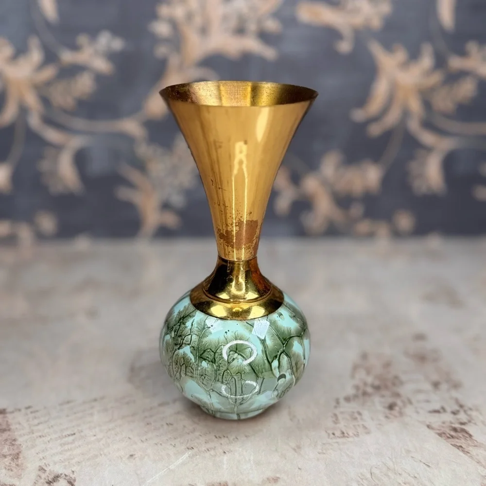 Vintage Hand Painted Delft Holland Vase Brass & Marbled Base